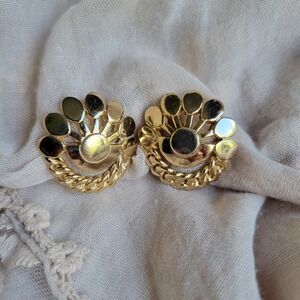 Vintage 1950s Monet Clip On Earrings Gold Tone Art Deco Sunburst Round